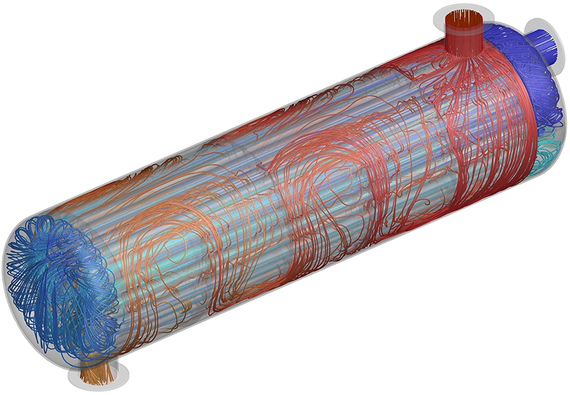 Streamlines through a shell-and-tube heat exchanger